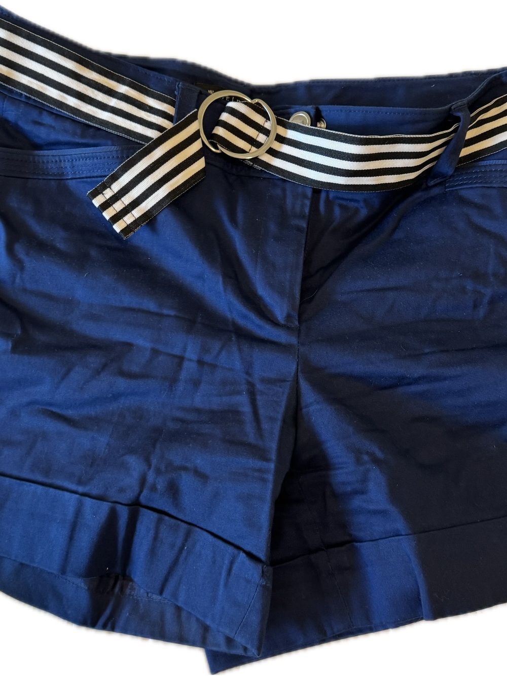 White House Black Market Navy Shorts with Black-and-White Striped Ring Belt